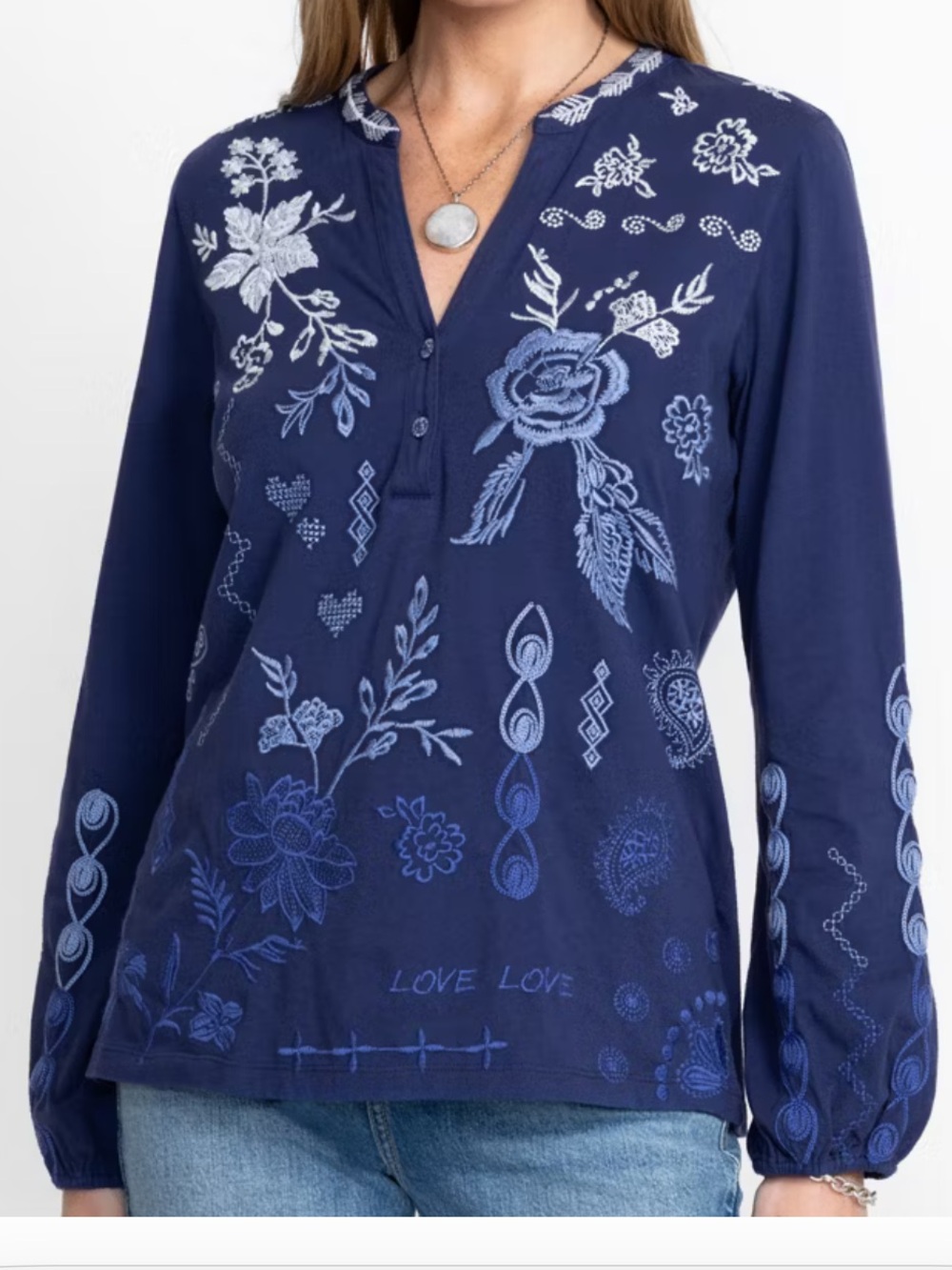 NWT JOHNNY WAS Laura Embroidered Navy Blue Henley Bishop Sleeve LS Tee Top